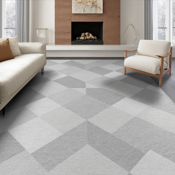 ODIKA 8'x10' Washable Area Rug Durable, Non-Slip Under Tonal Plush Solid Field Minimalist Interlocking Geometric for Living Room, Sectional, Family