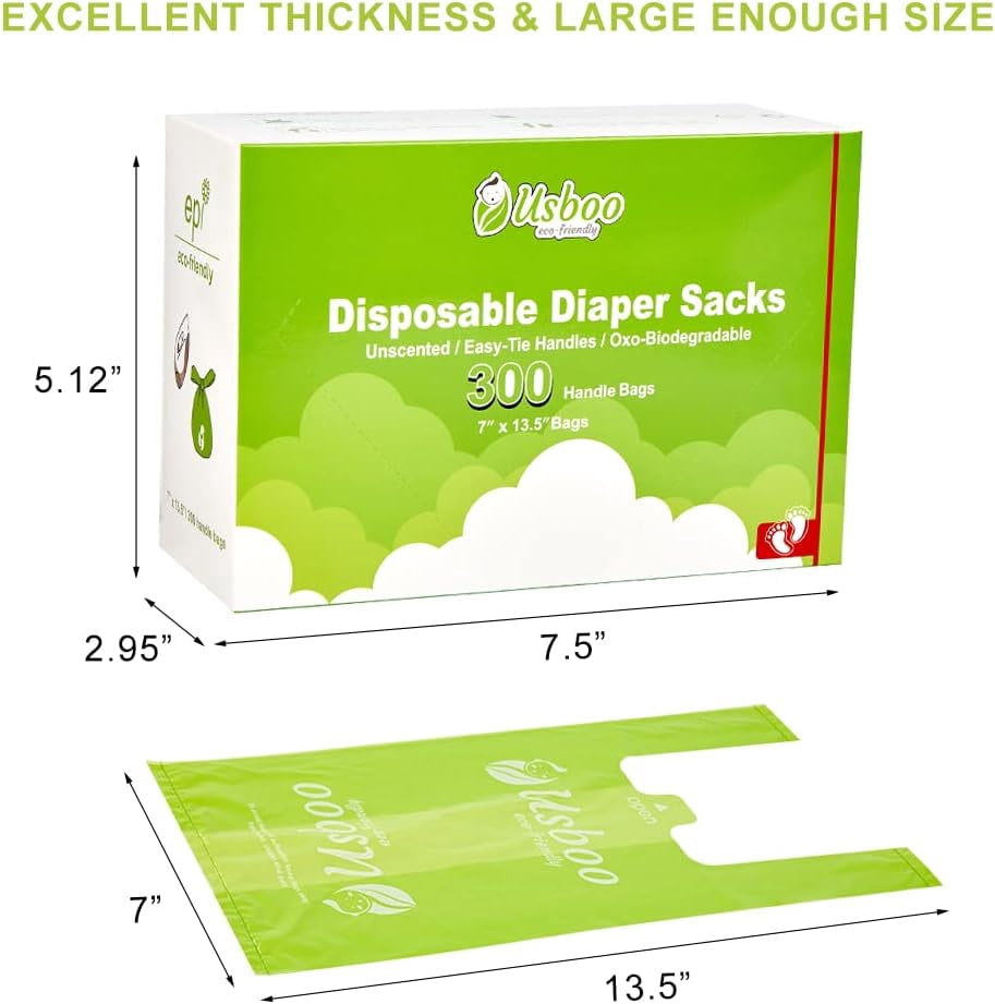 Baby Disposable Diaper Bags,2 Pack (600 Count) -Biodegradable Diaper Sacks,Easy-Tie Handles,Diaper Disposal or Pet Waste Bags