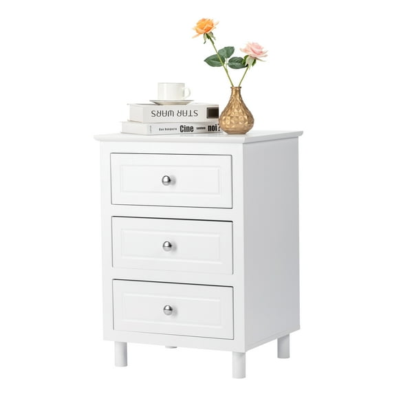 GZXS Modern White Bedside Table with 3 Drawers, Wooden Storage Nightstand for Bedroom Living Room