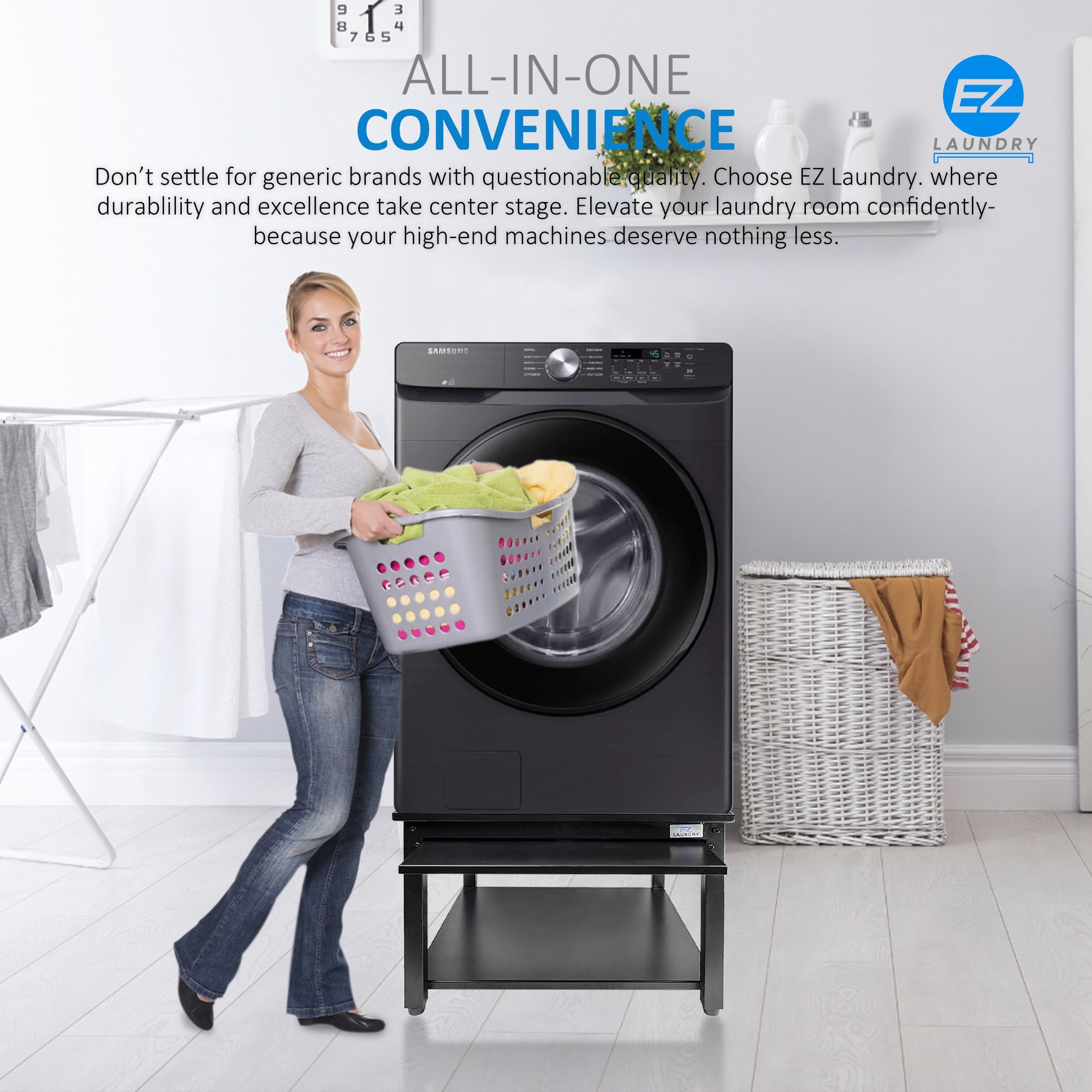 EZ Laundry Pedestal Compact 24" x 18" Washer Dryer Riser with Pull-Out Storage Shelf Black