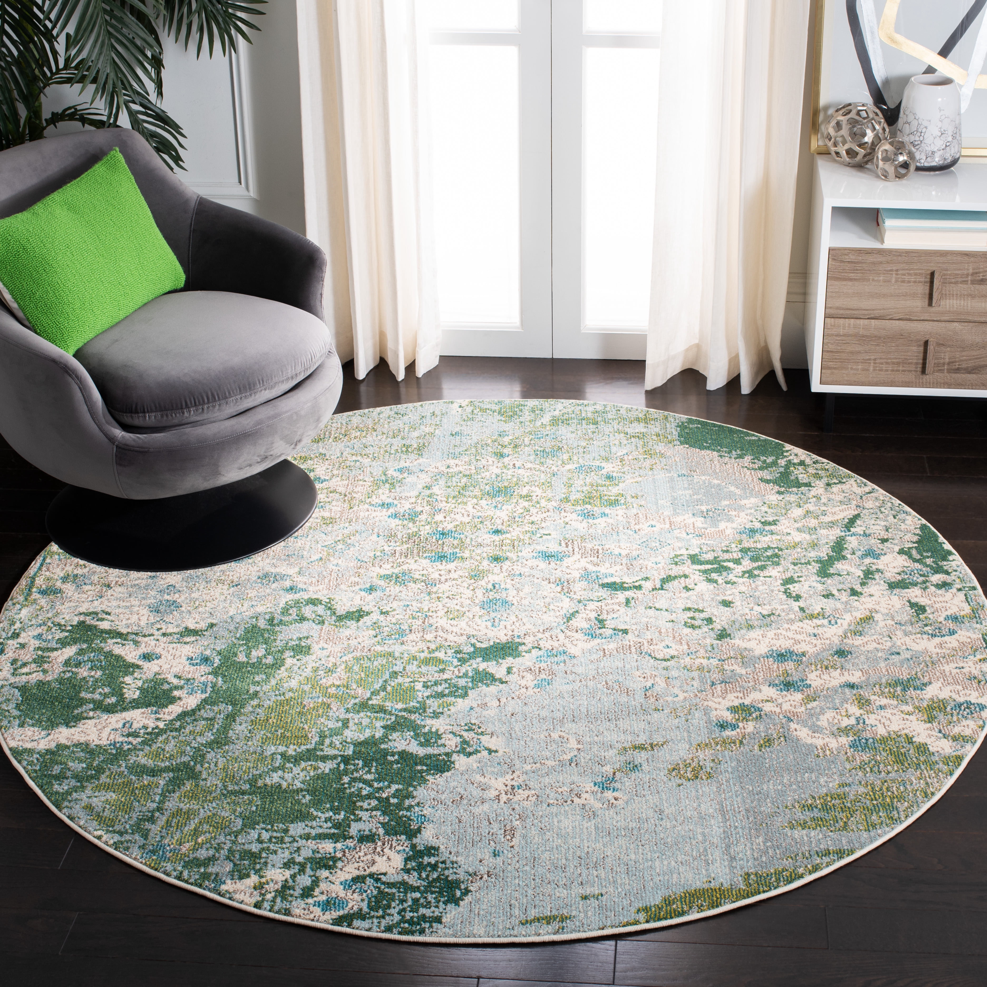 SAFAVIEH Monaco Phoebe Abstract Area Rug, Green/Turquoise, 6'7" X 6'7" Round