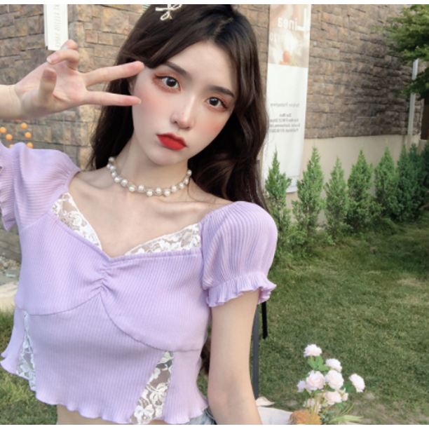 VISgogo, camiseta informal de manga corta para mujer, camisetas de ombligo expuestas con cuello en V y costuras de encaje de Color sólido a la moda VISgogo moda