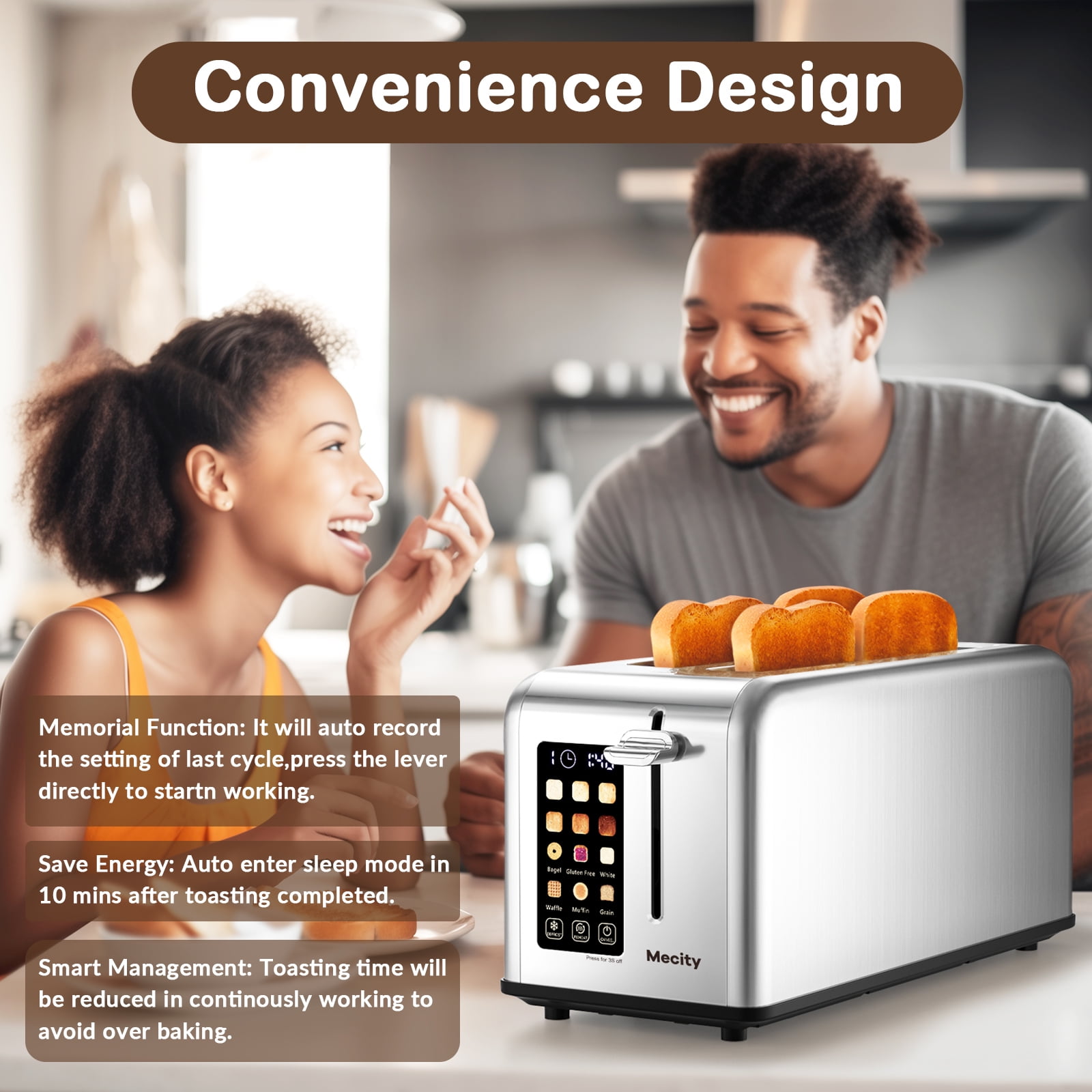 Mecity 4-Slice Toaster with Touchscreen, Stainless Steel, Long Slots, Crumb Tray, Timer, Defrost, Reheat, 120V 1400W, Silver