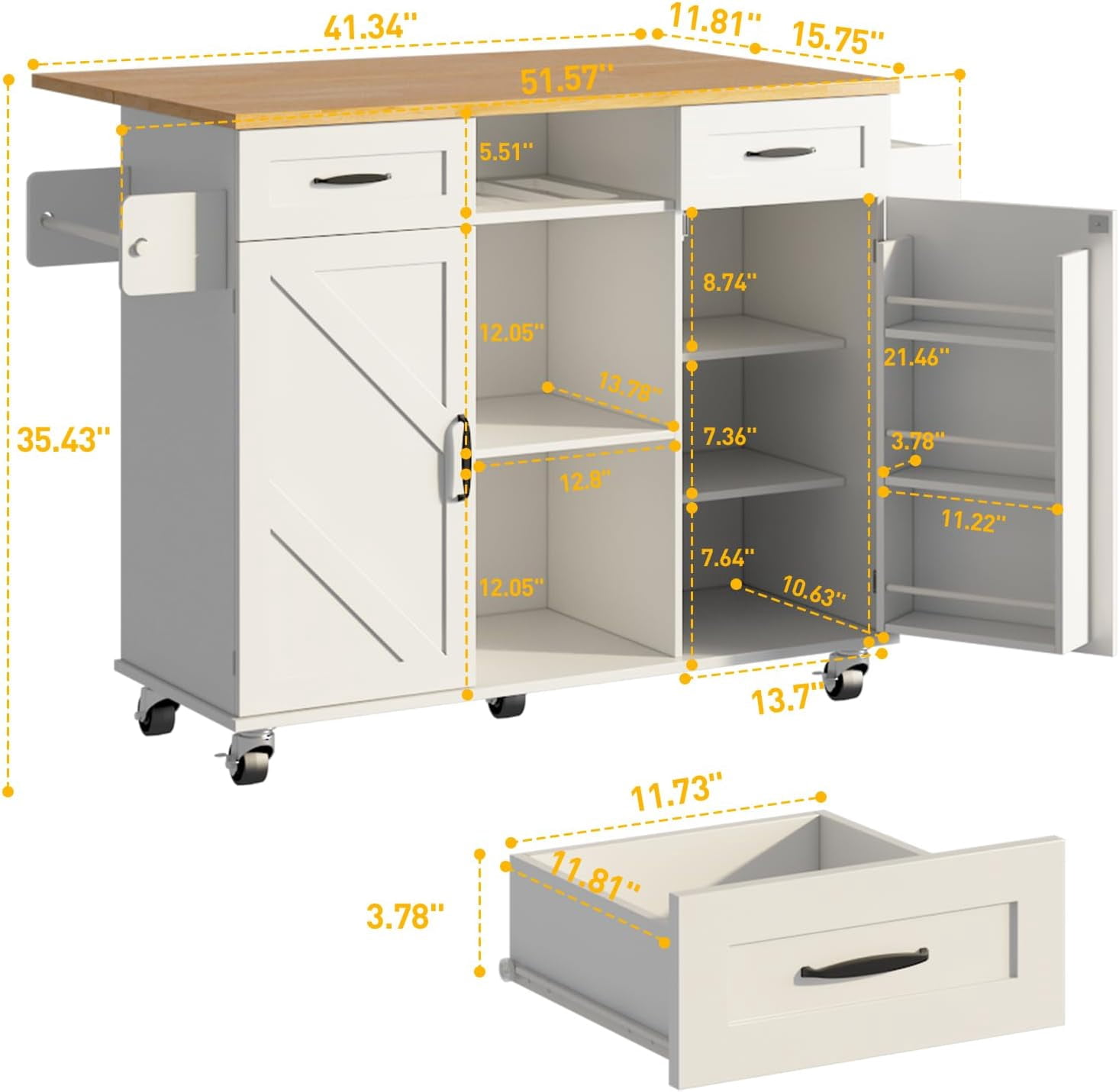 Rolling Kitchen Island Cart with Storage Cabinet & Drop Leaf, Mobile Kitchen Island on Wheels with Drawers, Spice Rack & Towel Holder, Farmhouse Butcher Block Countertop, 51.5" Kitchen Storage Table