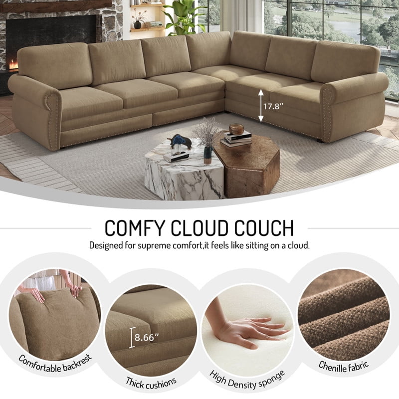 118" L-Shaped Convertible Sleeper Couch Bed, Chenille Upholstered Sectional Sofa with Pull-Out Sofa Bed, Modern Chesterfield Sofa for Living Room