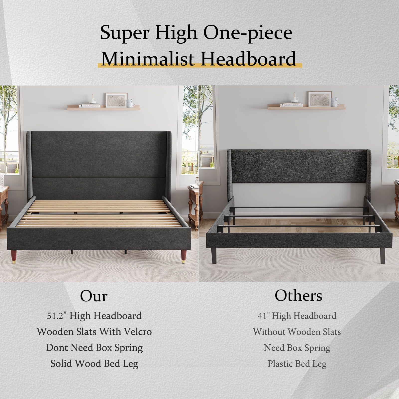 Merluxy 51.2" King Bed Frame with High Headboard,Upholstered Bed,Dark Grey