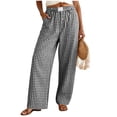 thumbnail image 4 of felwors Women Cotton Pajama Pants Striped Plaid Pj Trousers Drawstring Gingham Bottoms Casual Wide Leg Pant with Pocket (Black, L), 4 of 8