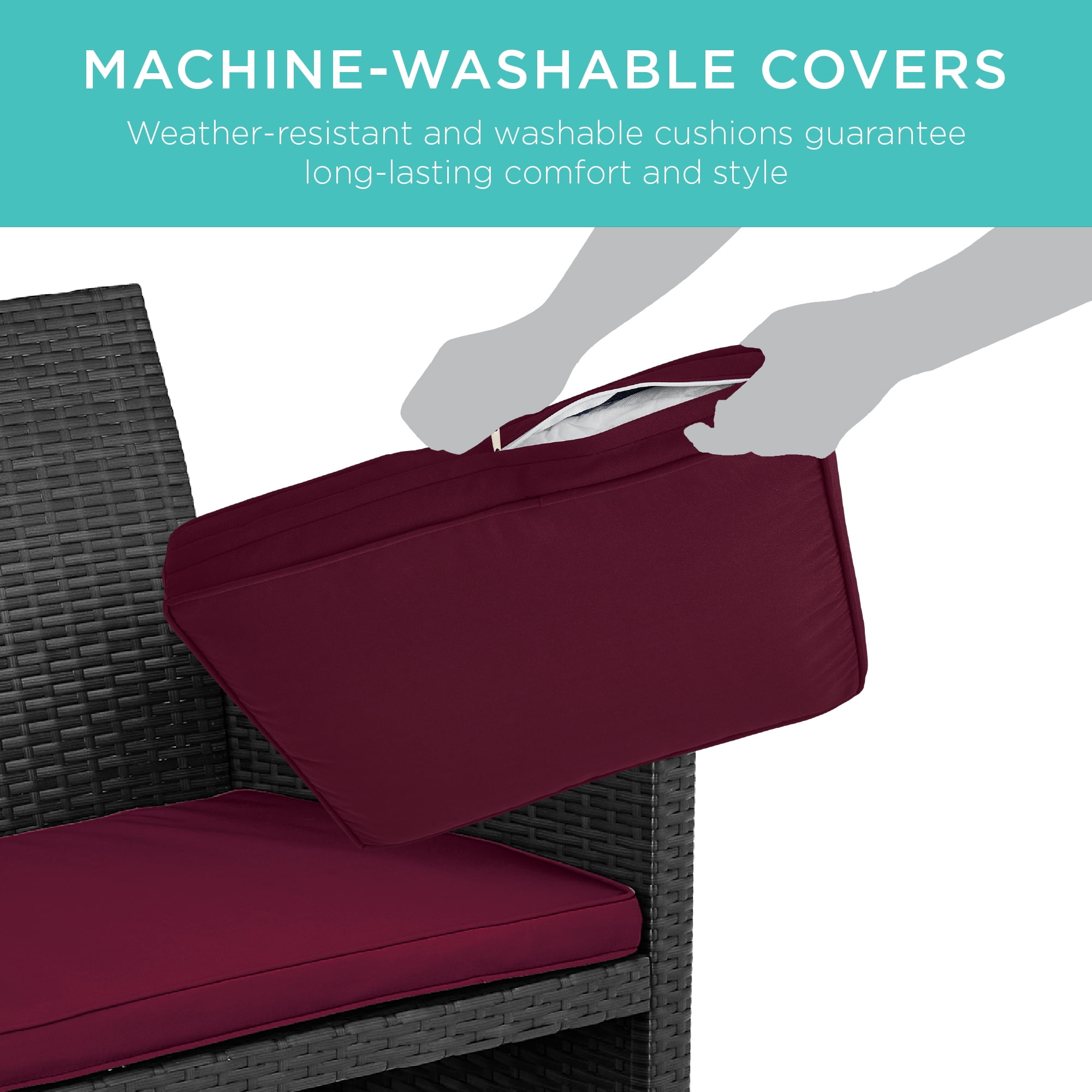 Best Choice Products 4-Piece Outdoor Wicker Patio Conversation Furniture Set w/ Table, Cushions - Black/Deep Burgundy