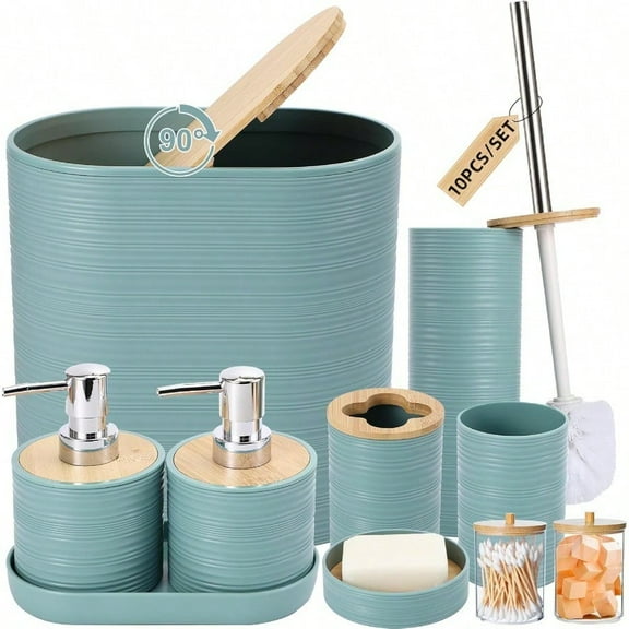 Blue Bathroom Set Light Blue Bathroom Accessories Set With Trash Can 2PCS Soap Dispensers Soap Dish Toothbrush Holder Toothbrush Cup Toilet Brush Tray And Qtip Holders For Bathroom Decor