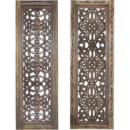 TUP The Urban Port Floral Hand Carved Wooden Wall Panels, Assortment of Two, Rustic Brown