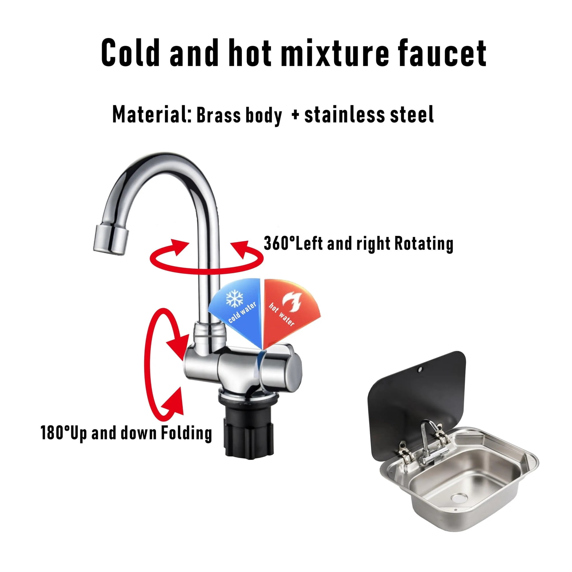 Faucet 180 Degree Folding 360 Rotating Sink Tap Mobile Kitchen Bathroom RV Marine Boat Motorhome Camper Van Brass Body