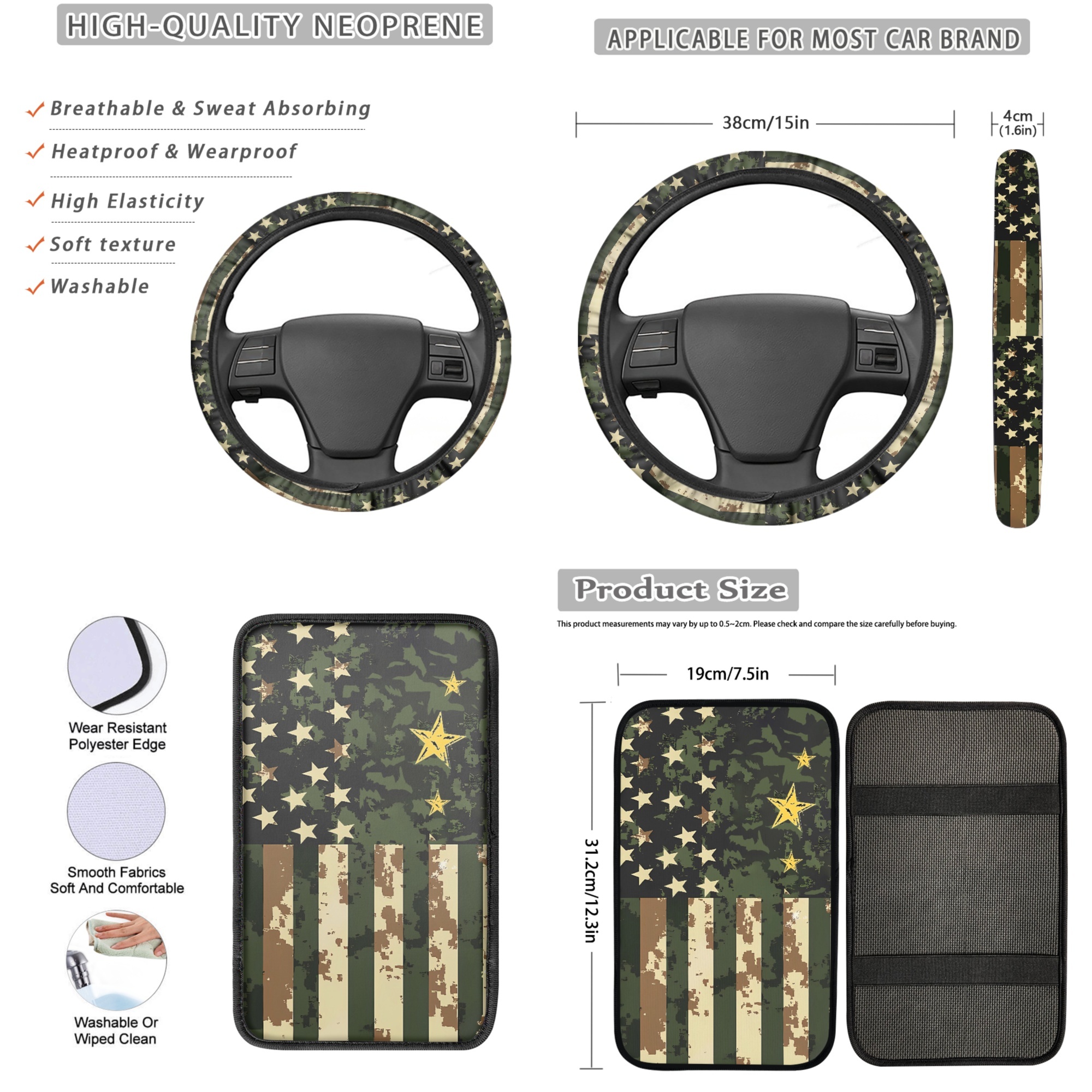 Jeiento 13 PCS Car Seat Covers Set with American Military Flag Steering Wheel Cover Seat Belt Pads Armrest Cover Coasters Keychain for SUV Van Truck Auto Interior Accessories
