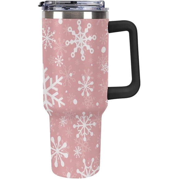 40 Oz Tumbler with Handle And Straw Pink Christmas Snowflakes Stainless Steel Insulated Tumblers Winter Holiday Cup Coffee Mug for Holiday Birthday Party