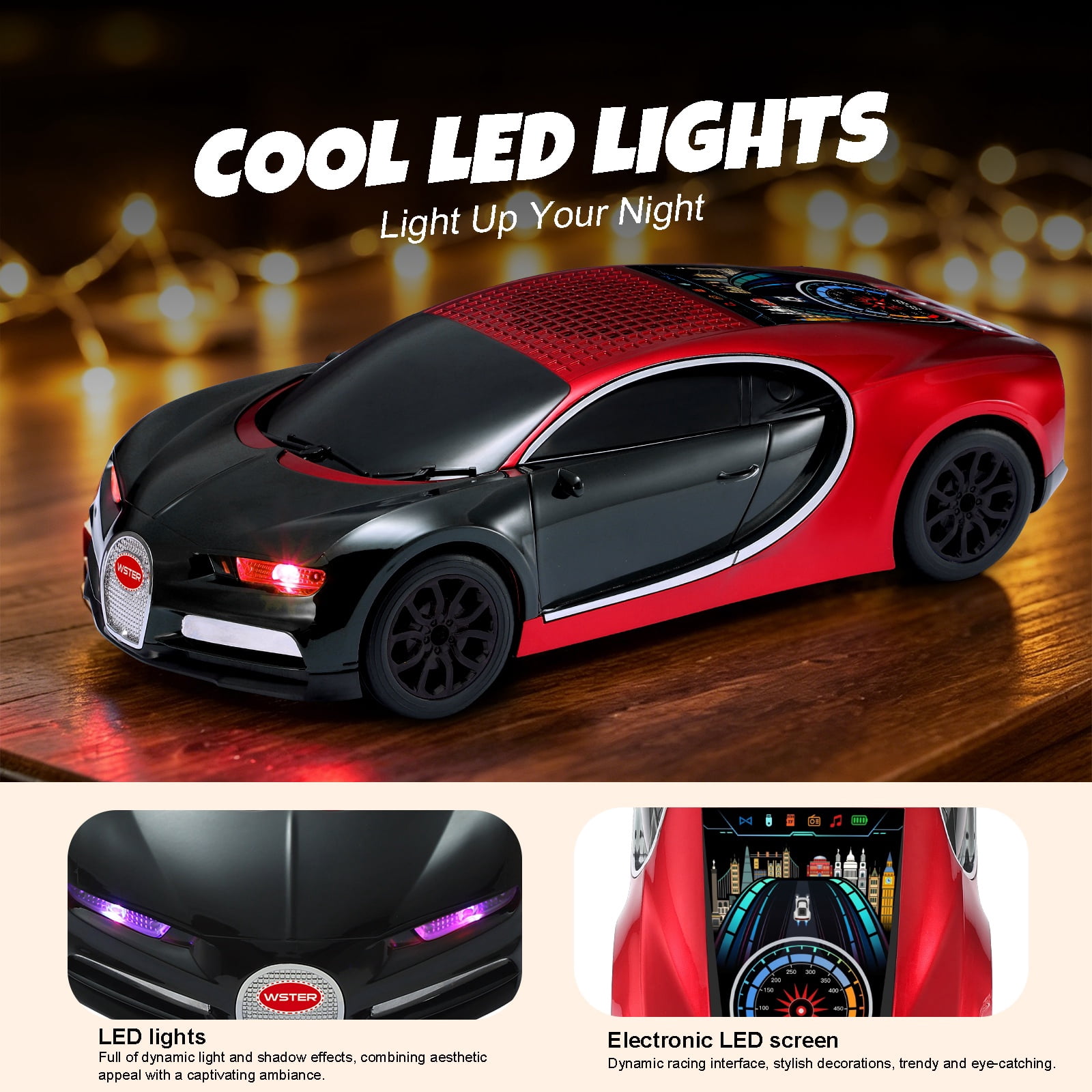 WSTER WS-660 portable Bluetooth speaker is a cool, car-shaped wireless speaker with LED lights, an FM radio, and TF card support.Suitable for desktop decorations/computer use/outdoor use/party use