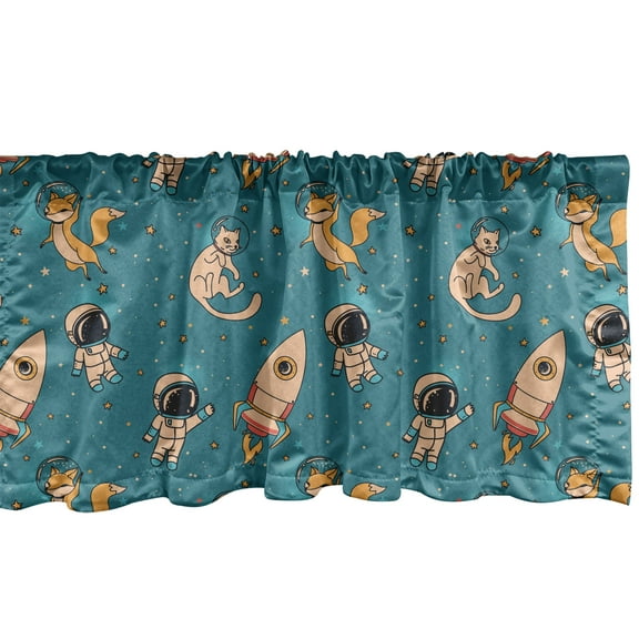 Ambesonne Space Valance Pack of 2, Foxes Cats Cosmonauts, 54"X18", Turquoise Beige Marigold