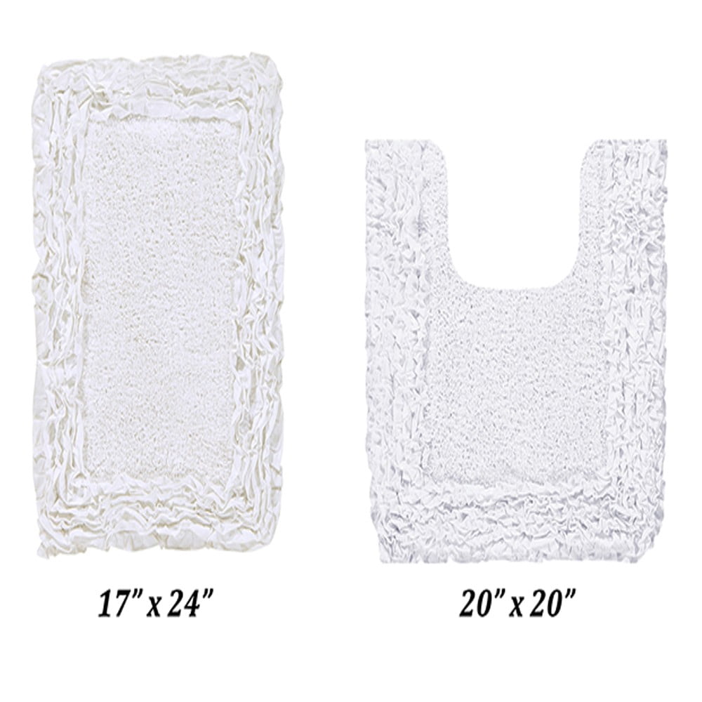 Better Trends 2 Piece Bathroom Rug Set 100% Cotton, Extra Soft, Water Absorbent & Non Slip Bath Mat, Ruffle Border, (White) Shaggy Border Collection