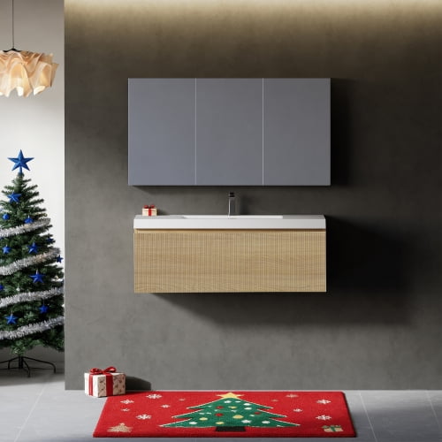 42 Inch Floating Bathroom Vanity with Sink, Wall-Mounted Modern Vanity Combo, Soft-Close Drawer & Solid Surface Basin, Natural Oak Finish