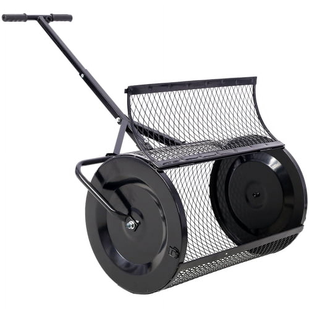 Zateety Peat Moss Spreader 24 Inch, Heavy Duty Compost Spreader Metal Mesh, Black Lawn Roller with T Handle for Manure Topsoil Mulch - Walk Behind Garden Tool
