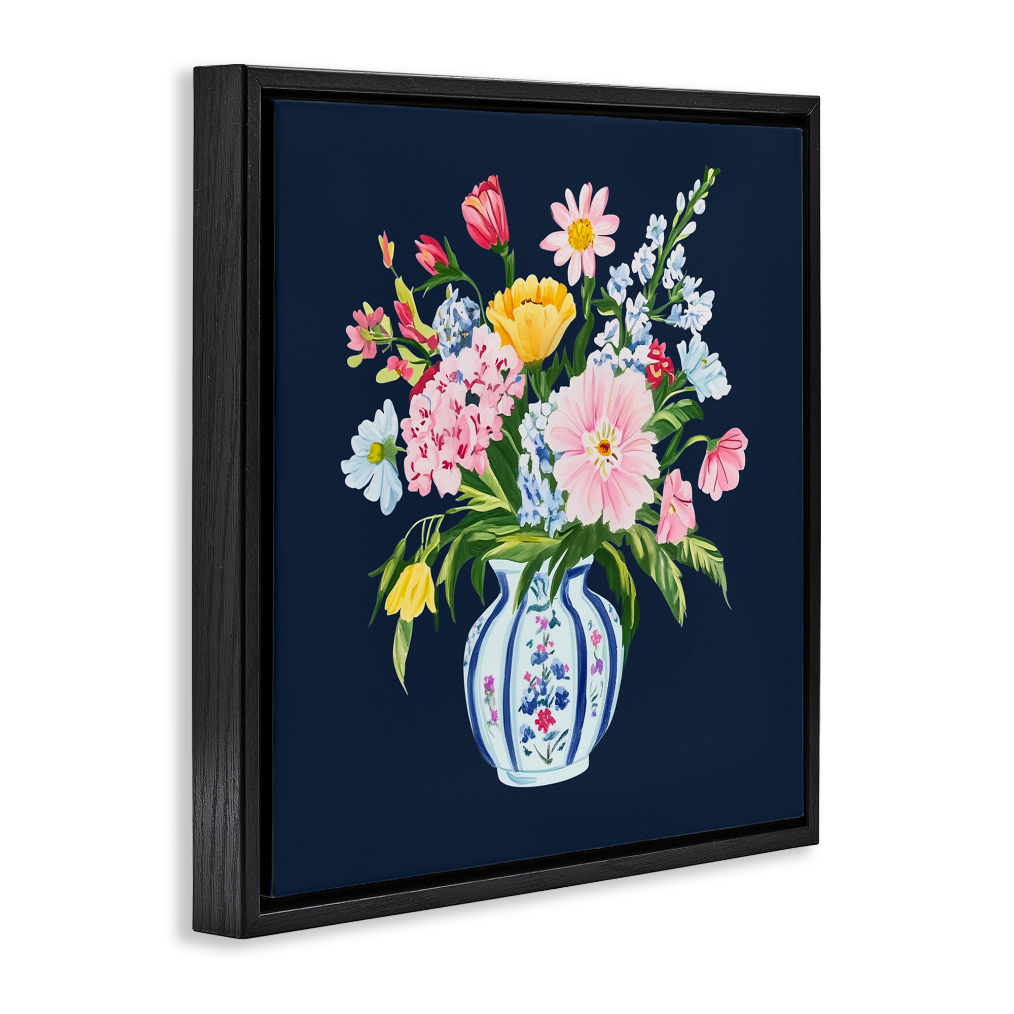 Spring Elegance Chinoiserie Vase Black Framed Floater Canvas Wall Art, design by Yen