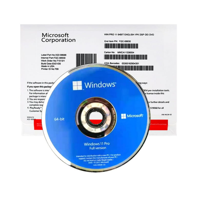 MS Windows 11 Professional DVD 64 BIT with Key COA Label