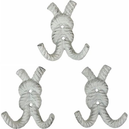 4 Inch Cast Iron Rope Knot Wall Hooks, Set of 3 Nautical Double Coat Hooks, Antique White Coastal Wall Decor with Matching Screws for Beach Bathroom, Entryway, Mudroom or Bedroom