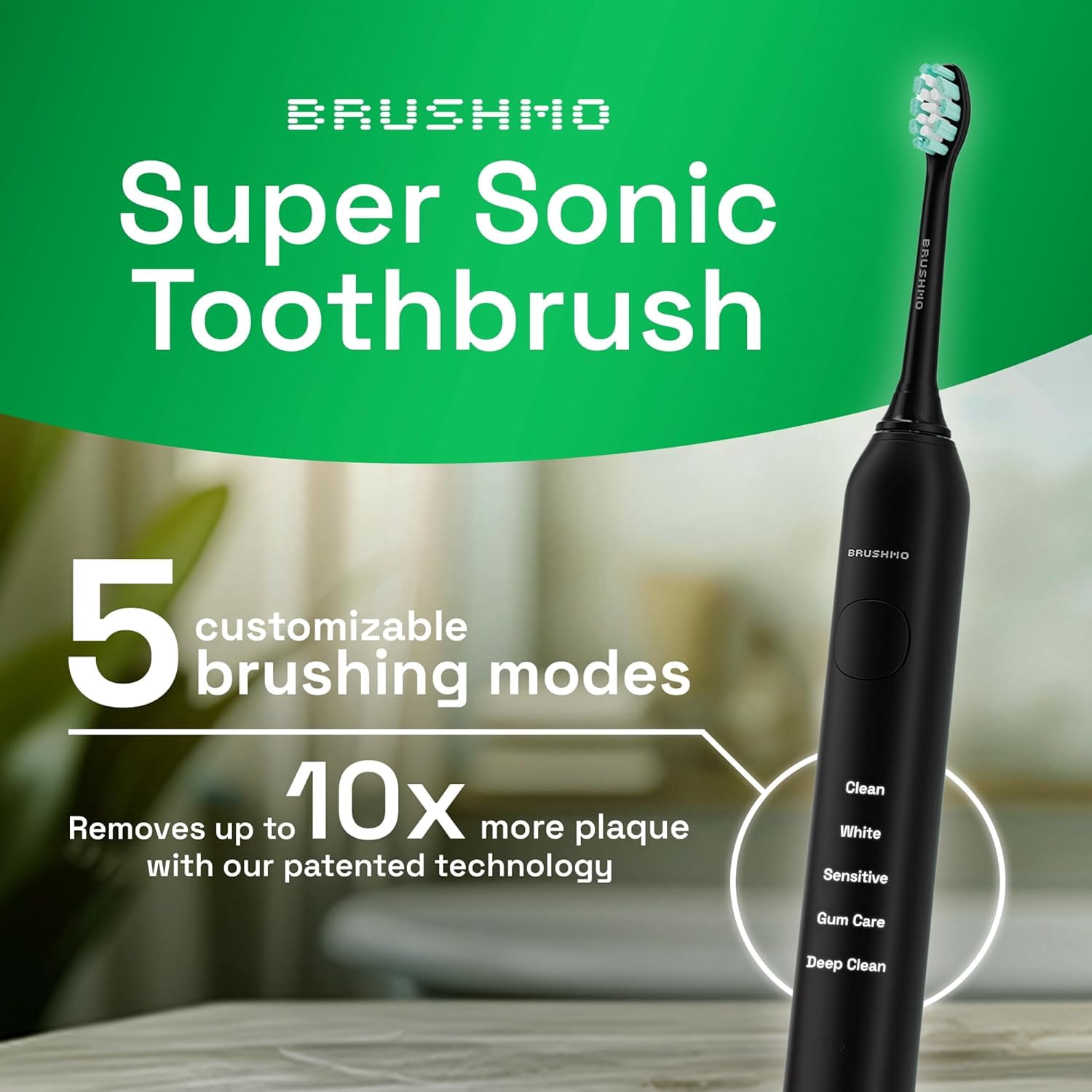 Brushmo Super Sonic Rechargeable Toothbrush, 5 Brushing Modes, Includes 4 Brush Heads, 2-min Timer, 30-Day Battery, Charging Base, Midnight Black