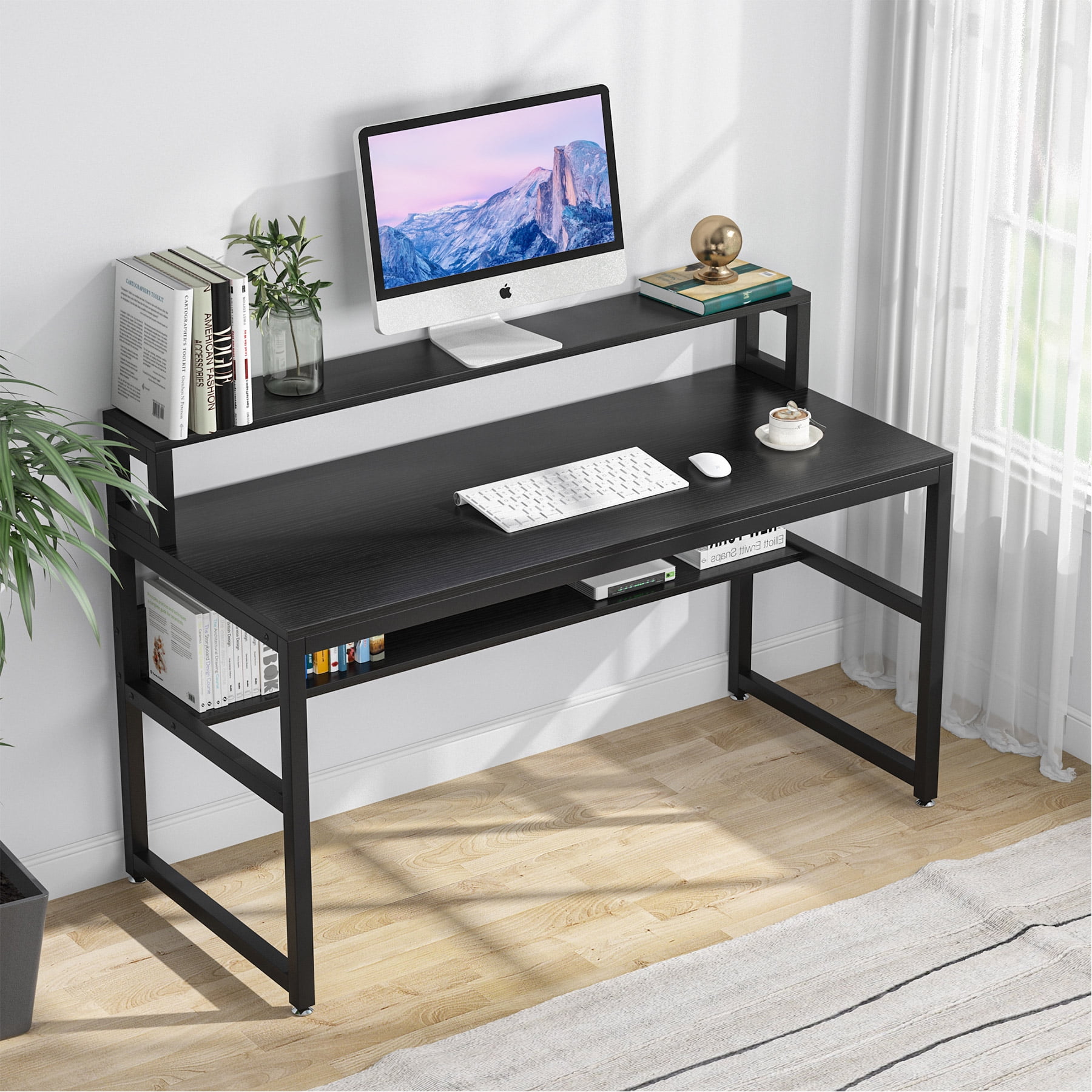 Tribesigns Computer Desk with Shelves 55" Office Writing Desk with Monitor Stand 
