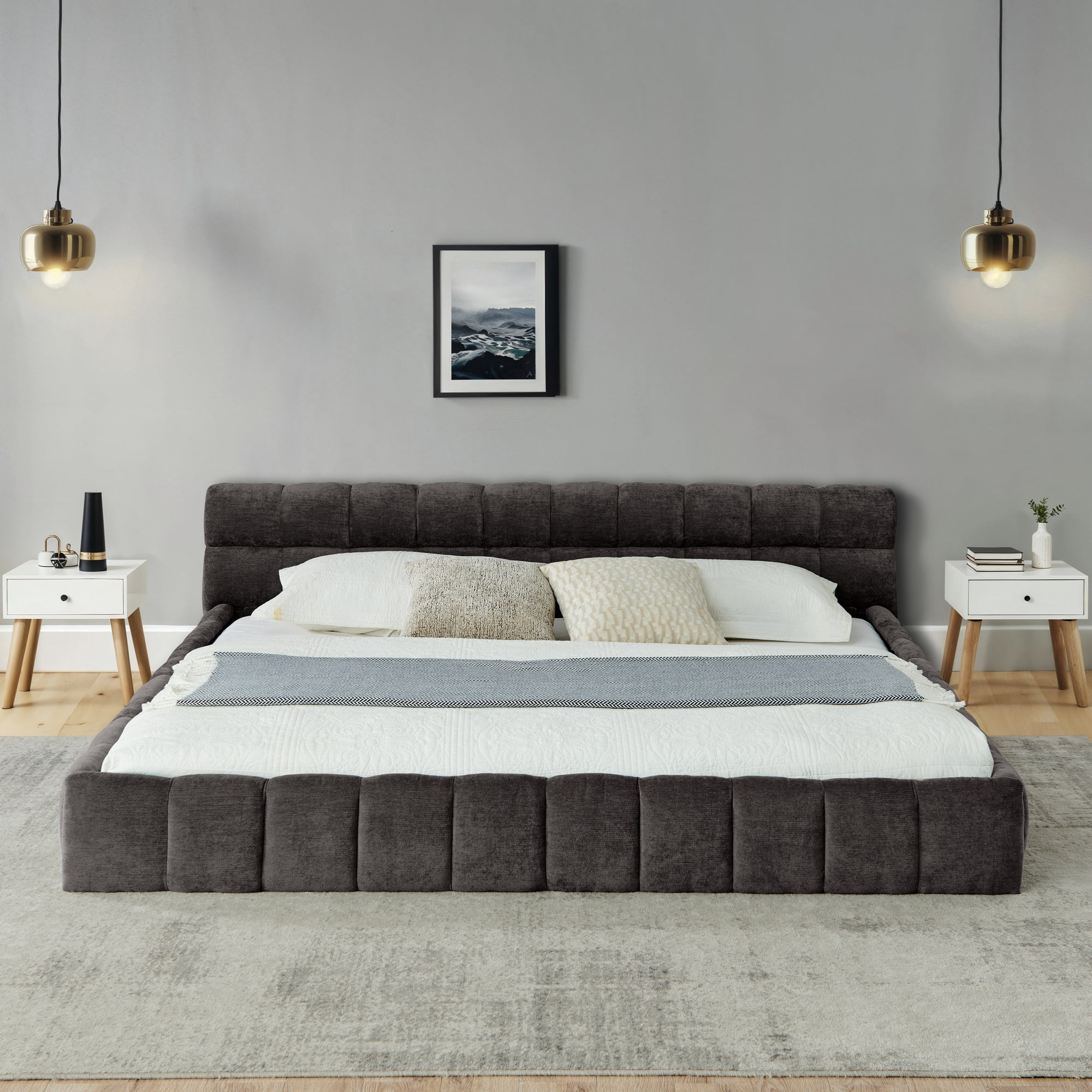California King Upholstered Bed Frame with Thick Chenille Fabric, Grounded Platform Bed with Headboard, Solid Frame, No Box Spring Needed, Modern Bedroom, Dark Gray