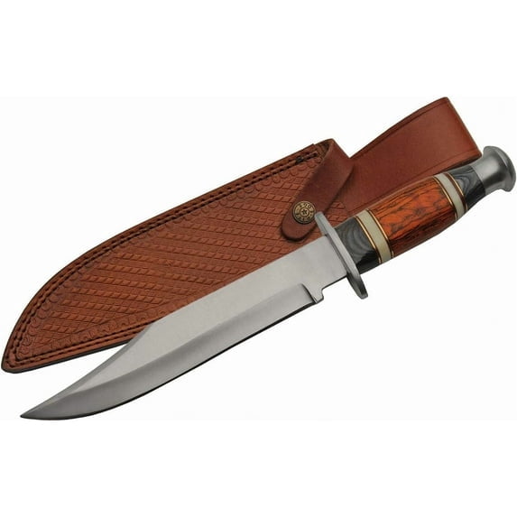SZCO 14 Inch Wood Hunter Bowie Knife Stainless Steel Blade Pakkawood Handle Bone Spacers Leather Sheath Outdoor Utility Knife