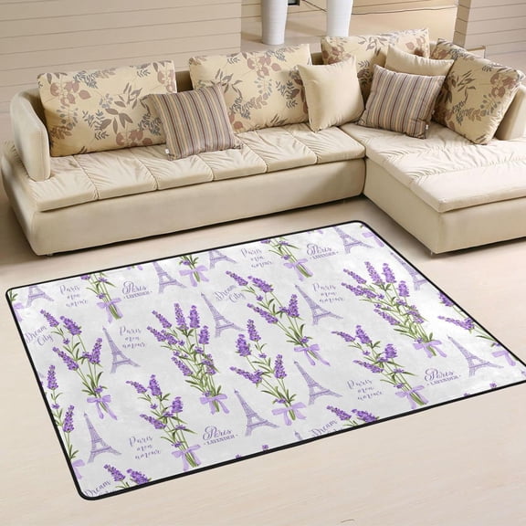SKYSONIC 36x24in Purple Lavender Flowers Area Rug, Eiffel Tower Floor Carpet for Indoor Living Dining Room Bedroom