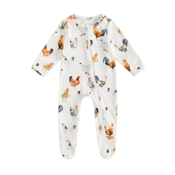 Michellecmm Baby Boy Zipper Romper Casual Chicken Print Long Sleeve Jumpsuit