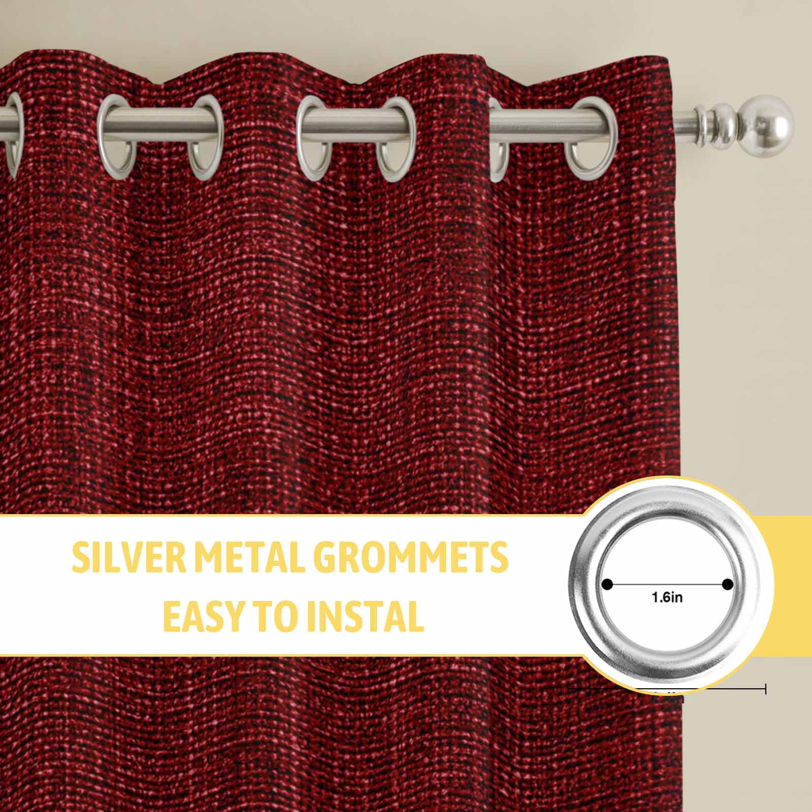 Kitchen Curtains 84 Inch Length 2 Panels, Vintage Dark Red Grommets Window Treatment Curtain, Farmhouse Retro Solid Color Linen Texture Thermal Curtains Drapes for Living Room/Bathroom
