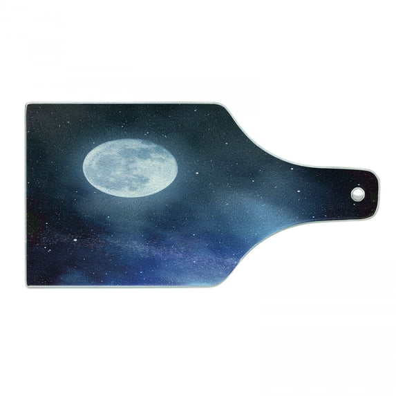 Moon Cutting Board, Night Sky with Stars Full Moon Universe Space Heavenly Bodies Romantic Evening, Tempered Glass Cutting and Serving Board, Wine Bottle Shape, Black Blue White, by Ambesonne