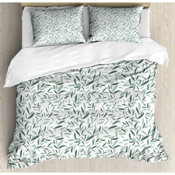 Garden Duvet Cover Set, Olive Branches with Leaves Classic Simplistic Soft Spring Time Theme, Decorative 3 Piece Bedding Set with 2 Pillow Shams, Calking Size, Almond Green Green, by Ambesonne