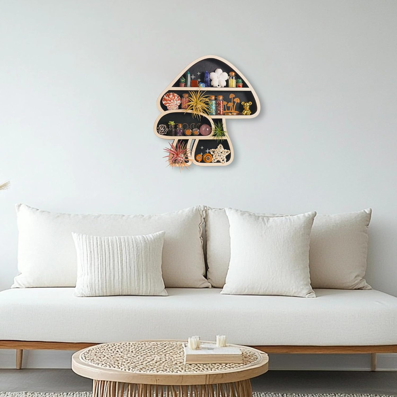 Cute Mushroom Decor, Wooden Floating Mushroom Shelf for Wall, Display Shelf Rock Gem Stone Display Shelf Wall Mounted