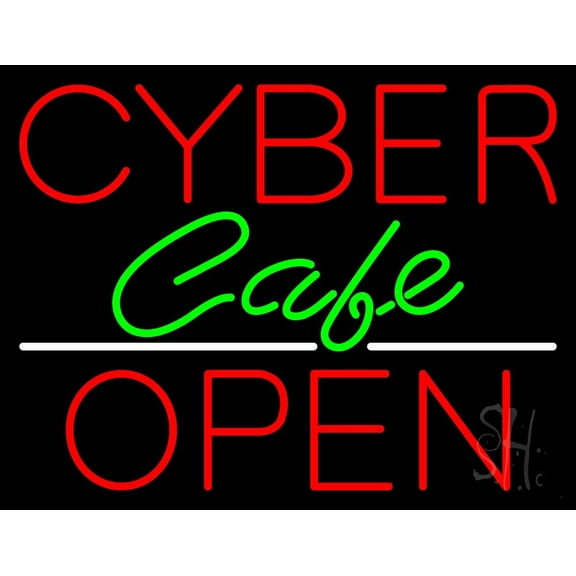 Red Cyber Cafe Open LED Neon Sign 15 x 19 - inches, Clear Edge Cut Acrylic Backing, with Dimmer - Bright and Premium built indoor LED Neon Sign for Computer & Electronics store decor.