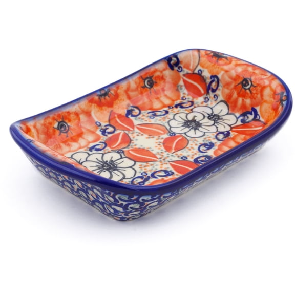 Polish Pottery 7½-inch Platter with Handles (Poppy Passion Theme) Signature UNIKAT Hand Painted in Boleslawiec, Poland   Certificate of Authenticity
