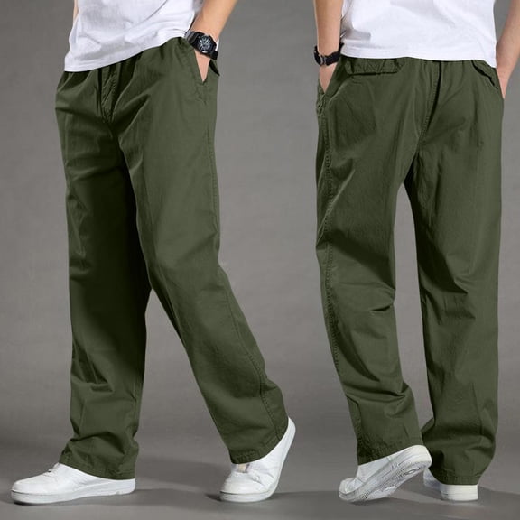 Men Elastic Waist Straight Leg Cotton Casual Pants Solid Color Loose Fit Trousers With Side Pockets XL