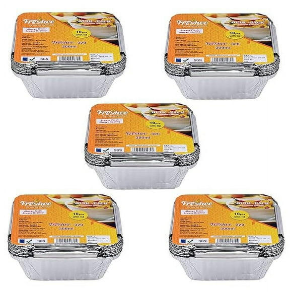Boîte en Papier D\'Aluminium pour Emballage Alimentaire avec Couvercle, Contenant Jetable en Feuille d'Argent 300 ml - Ensemble de 50 Contenants à Repas en Aluminium