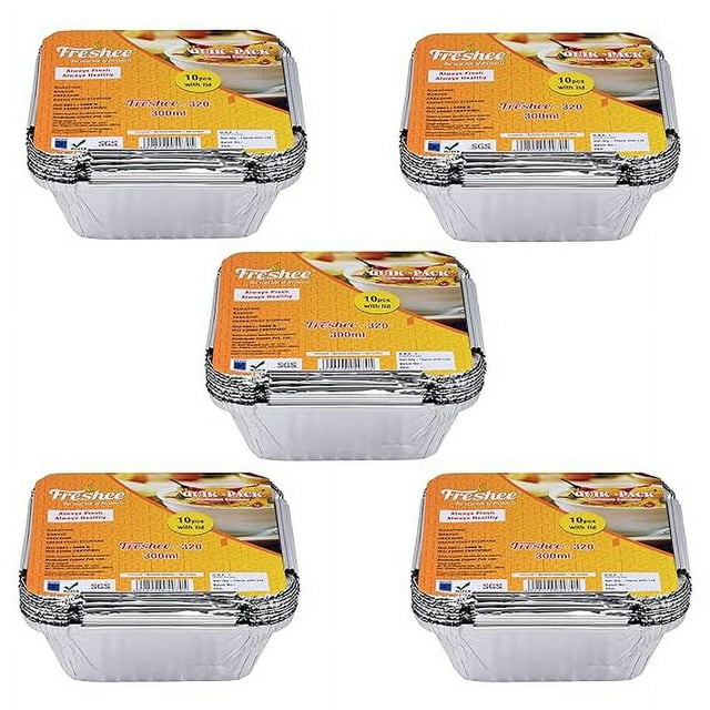 Boîte en Papier D\'Aluminium pour Emballage Alimentaire avec Couvercle, Contenant Jetable en Feuille d'Argent 300 ml - Ensemble de 50 Contenants à Repas en Aluminium