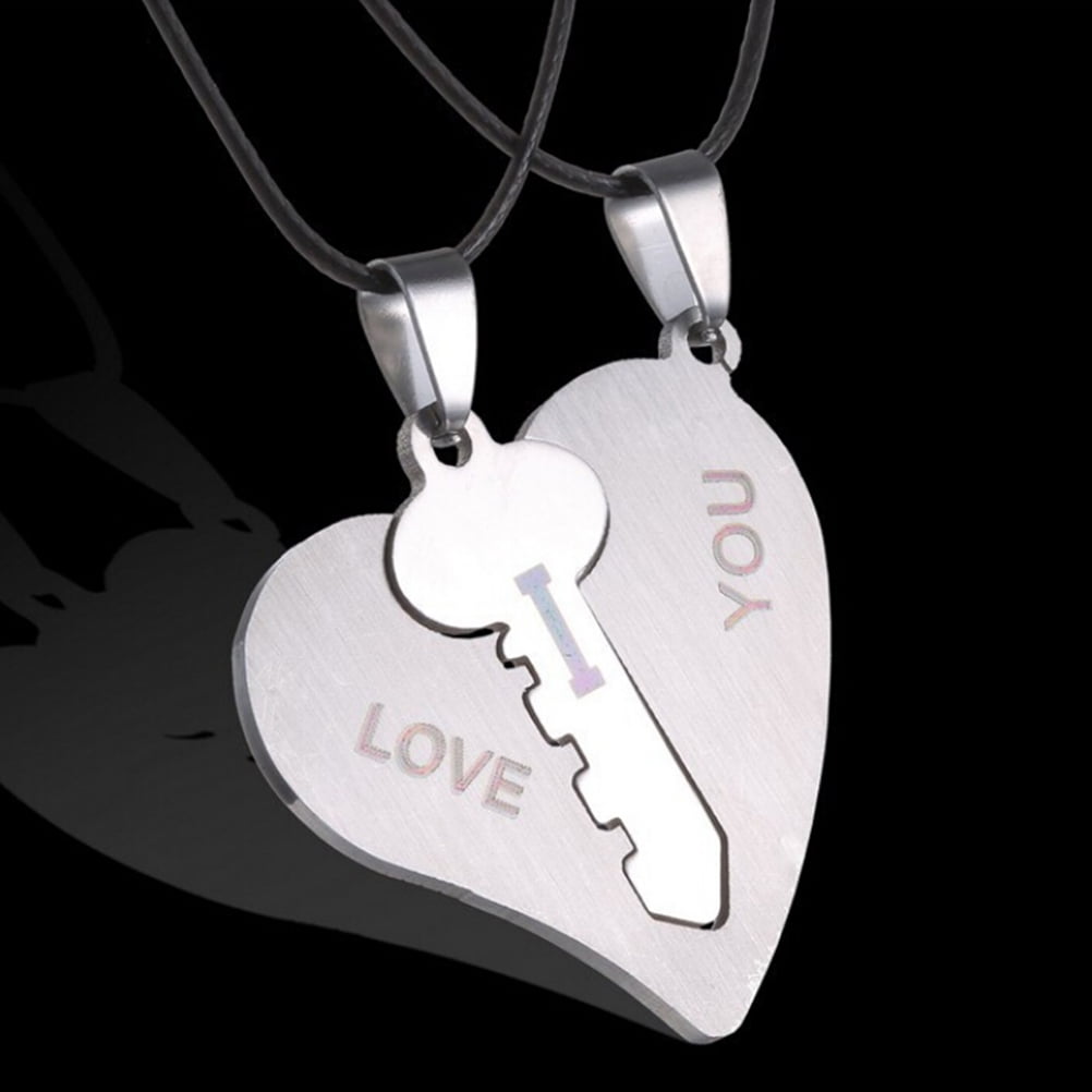 1Pair His and Hers Stainless Steel Love Heart Lock & Key Couple Pendant Necklace 