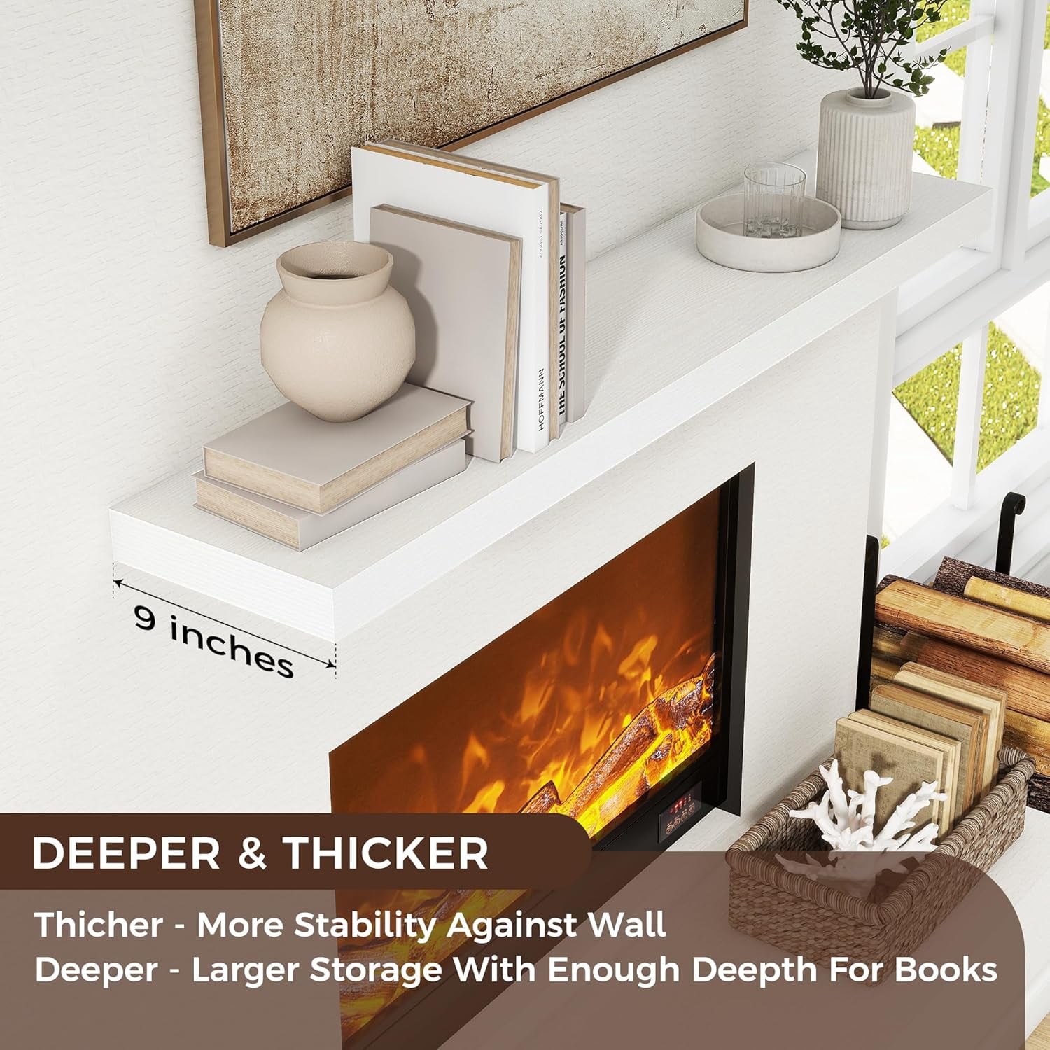 Floating Shelves for Wall, Large Wall Mounted Shelves with Invisible Brackets, Long Wood Floating Wall Shelf Shelves for Living Room, Bedroom, Kitchen, Bathroom Decor (White, 48" W x 9" D x 1.5" H)