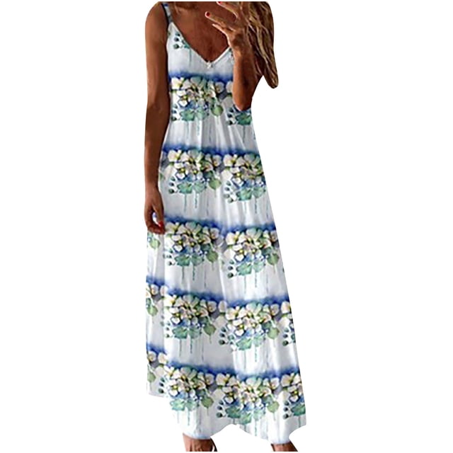 Pompotops Mode Femme Été Col en V Décontracté Imprimé Ample Sans Manches Robe Longue Ample