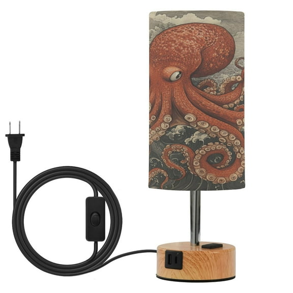 Wobogo Giant Octopus Bedside Lamp Touch Control Table Lamp with USB A C Charging Ports & AC Outlet 3-Way Dimmable Nightstand Lamp with Linen Fabric Shade for Bedroom Living Room