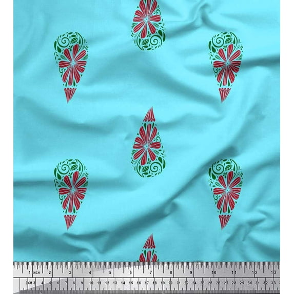 Soimoi Blue Cotton Duck Fabric Floral & Paisley Printed Fabric 1 Yard 42 Inch Wide