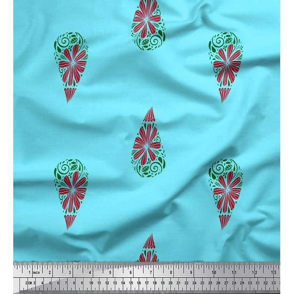 Soimoi Blue Cotton Duck Fabric Floral & Paisley Printed Fabric 1 Yard 42 Inch Wide