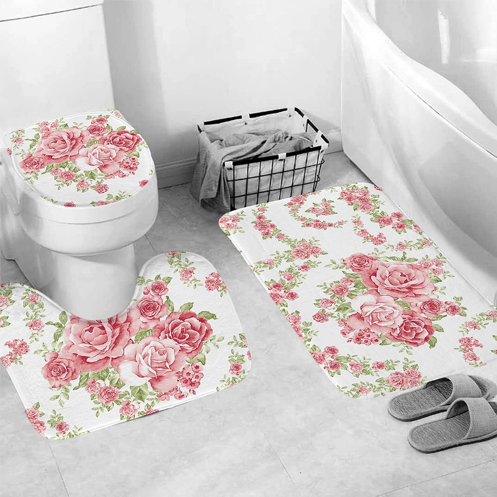 Pink Rose Shower Curtain NonSlip Toilet Lid Cover Mat Bathroom Rug Set Art Decor 