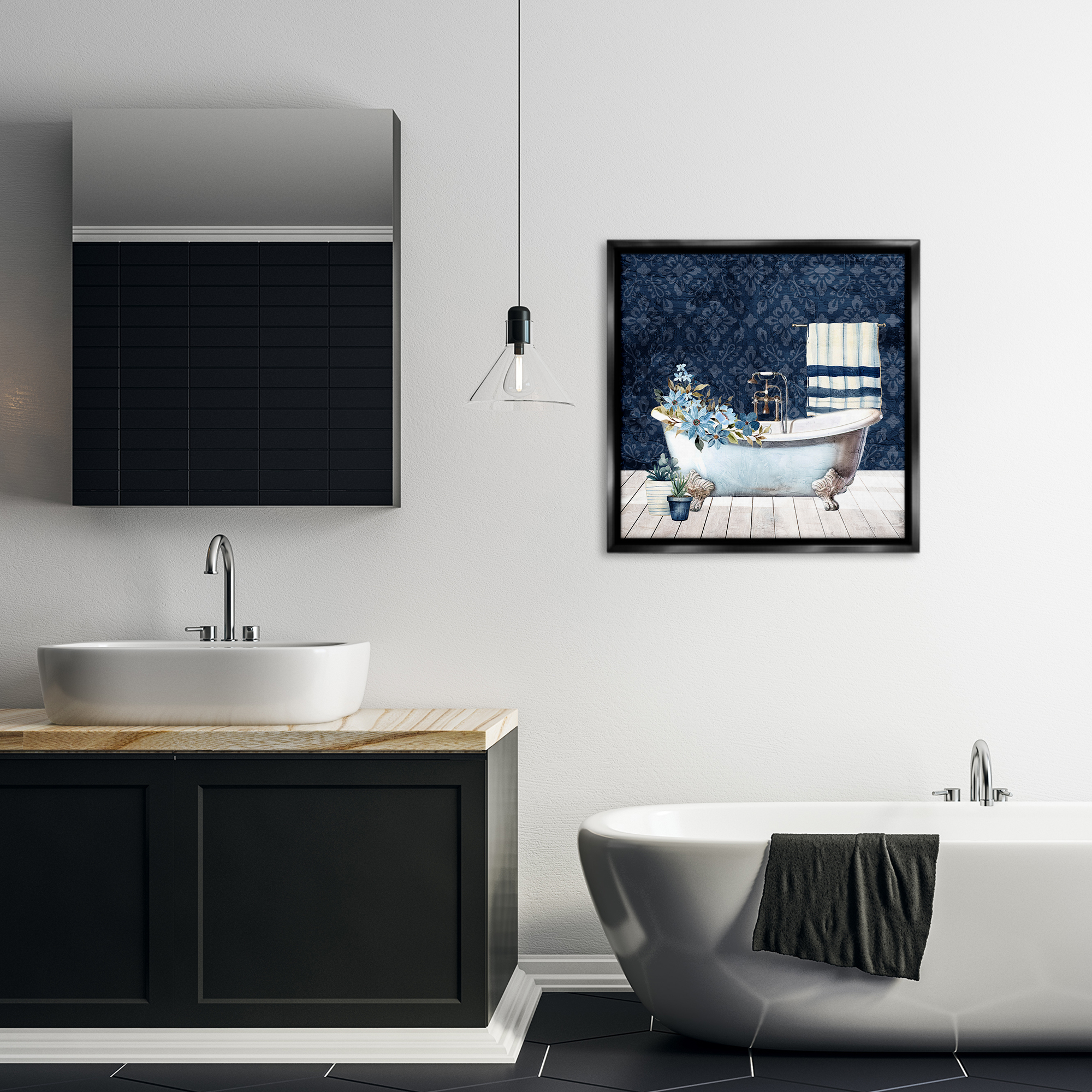 Stupell Industries Blue Damask Bathroom Bath & Laundry Painting Black Floater Framed Canvas Art Print Wall Art, 25 x 25