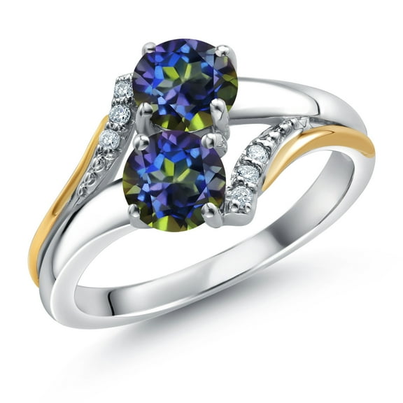 Gem Stone King 10K Yellow Gold and 925 Silver Blue Mystic Topaz and White Lab Grown Diamond Accent Engagement Ring for Women | 1.03 Cttw | Round 5MM | Size 8