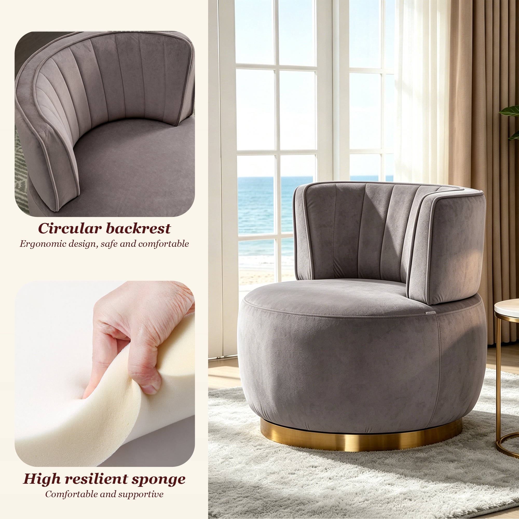 MOONMISS 360° Swivel Barrel Accent Chairs, Round Armchairs with Wide Upholstered, for Living Room, Bedroom, Gray